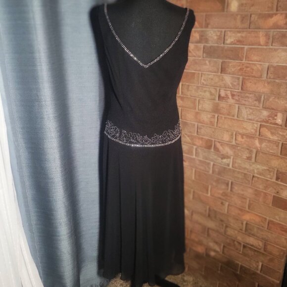 Alex Evenings Black Chiffon Drop Waist Bead Embellished Open Neck Gown - Sz 14 - Picture 5 of 16